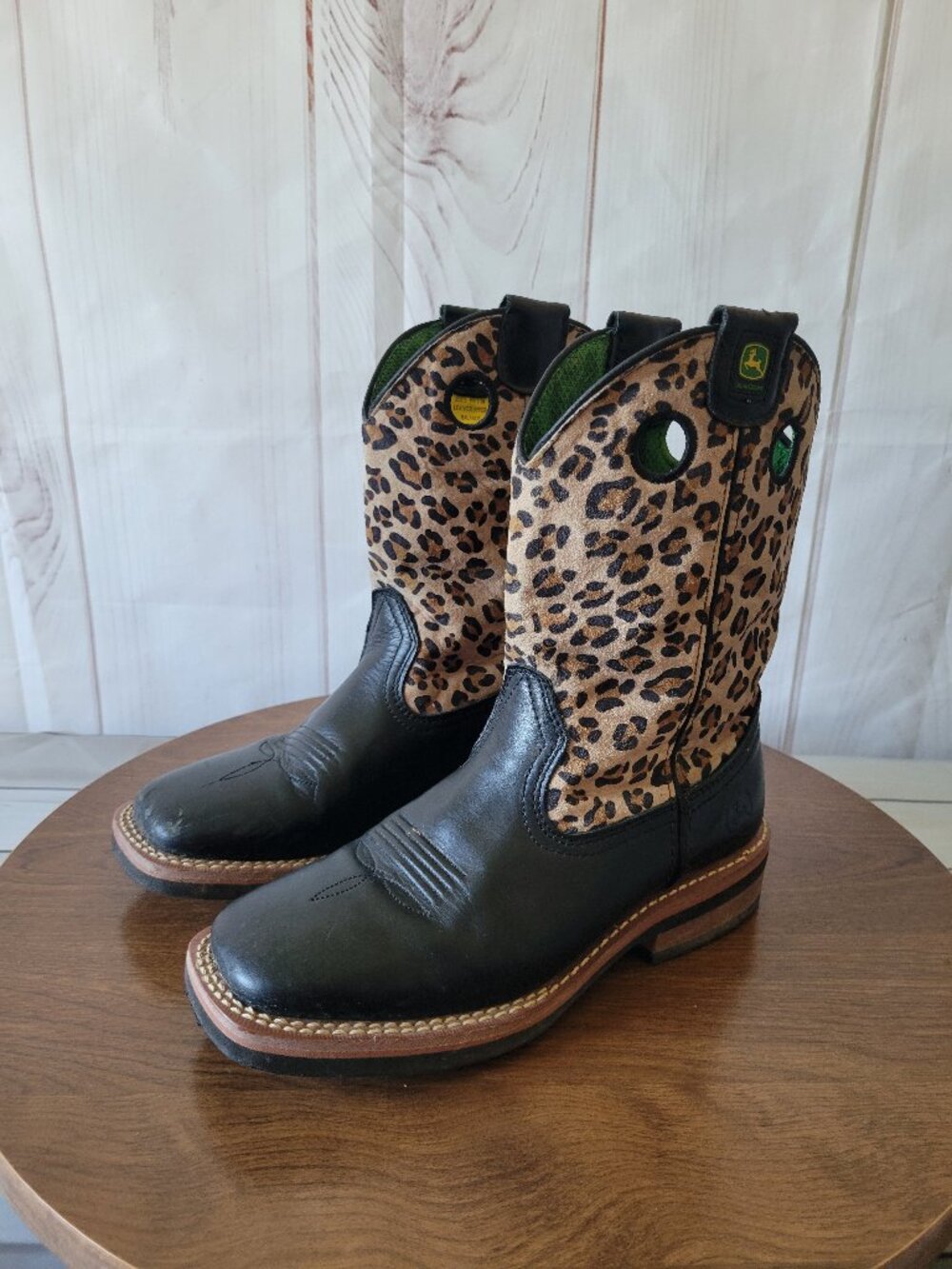 John Deere Growin’ Like a Weed Boots, Black Leather w/ Leopard Print Upper Youth
